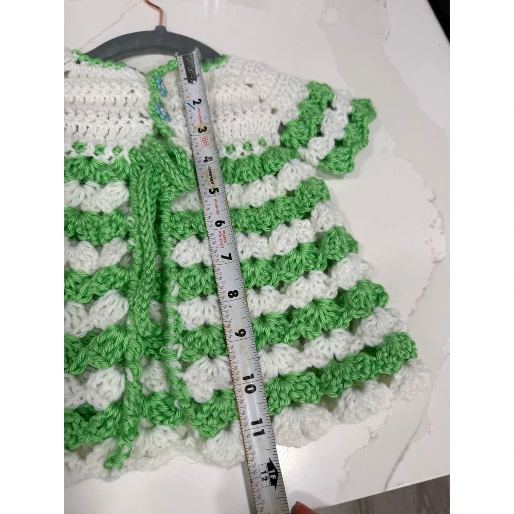 Handmade Crochet Baby Cardigan Green White Striped Flower Button Sweater Kids